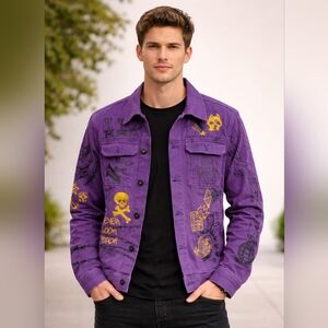 Black Pike Purple Denim Jacket with Graphics. NWT "But Missing Buttons!"